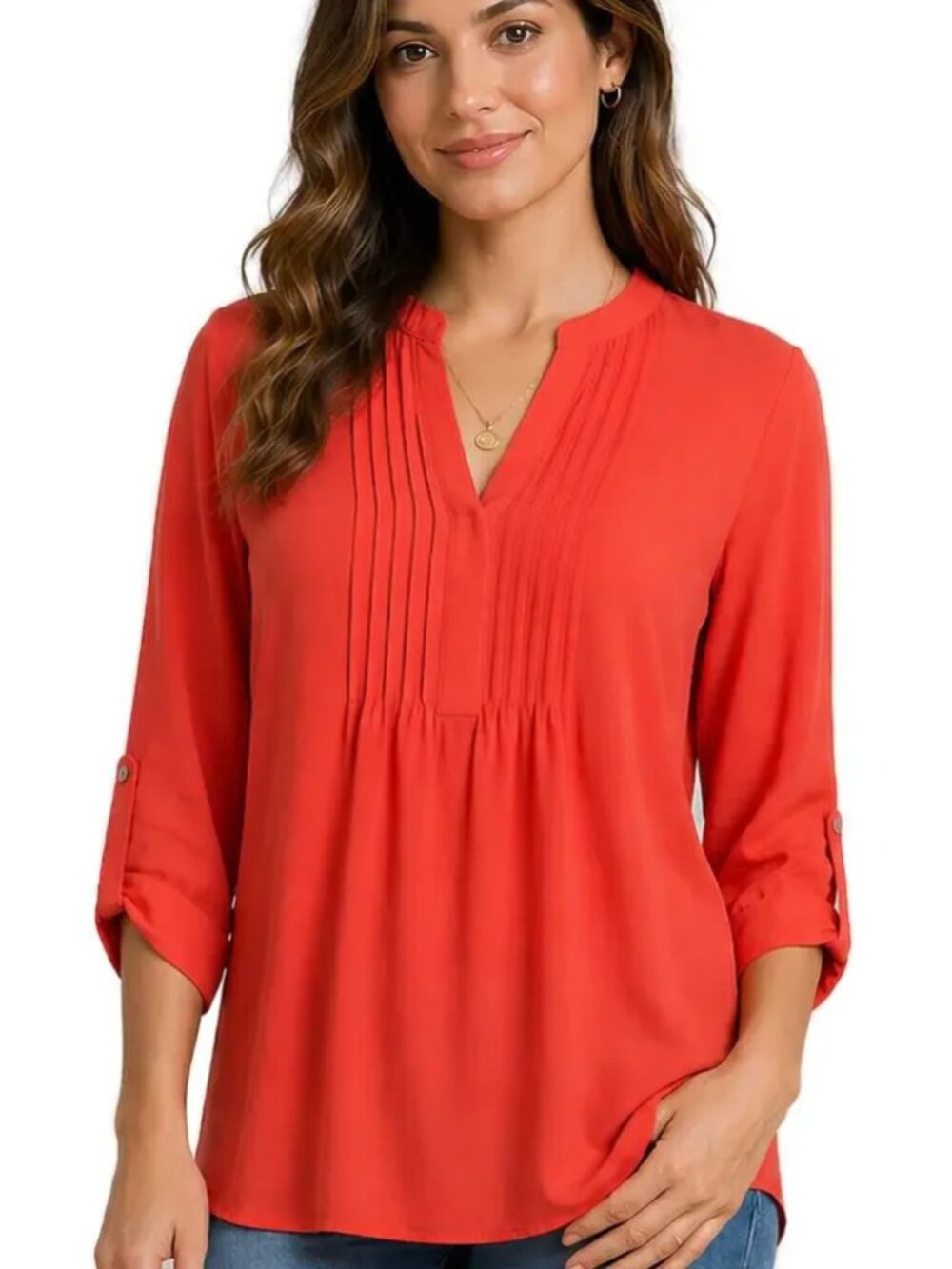 Susan Graver Coral Tunic Top Pintuck Popover 3/4 Sleeve Longline Relaxed Size 4